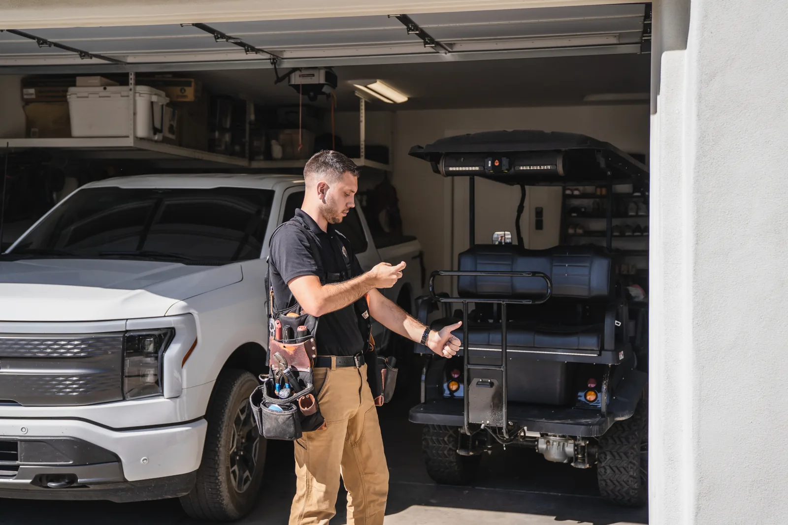 Inspector inside a garage during a home inspection