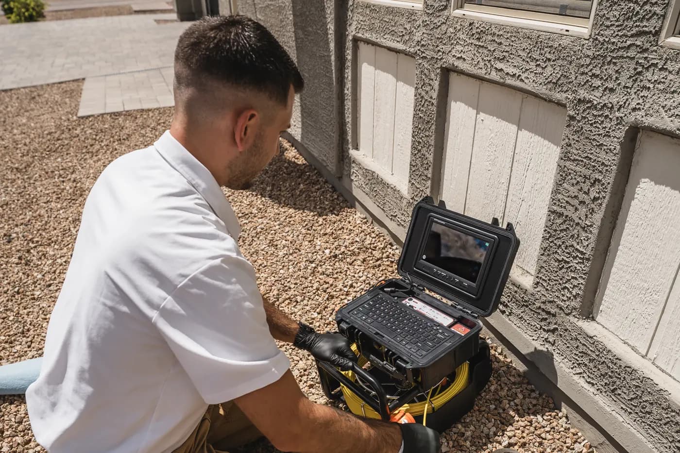 Inspector kneeling beside the sewer camera unit outside a home