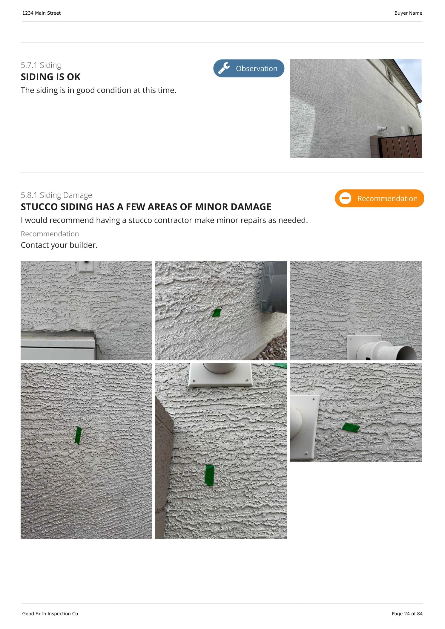 A findings page from the new-build sample report, with a recommendation written for the builder and photographs of each spot.