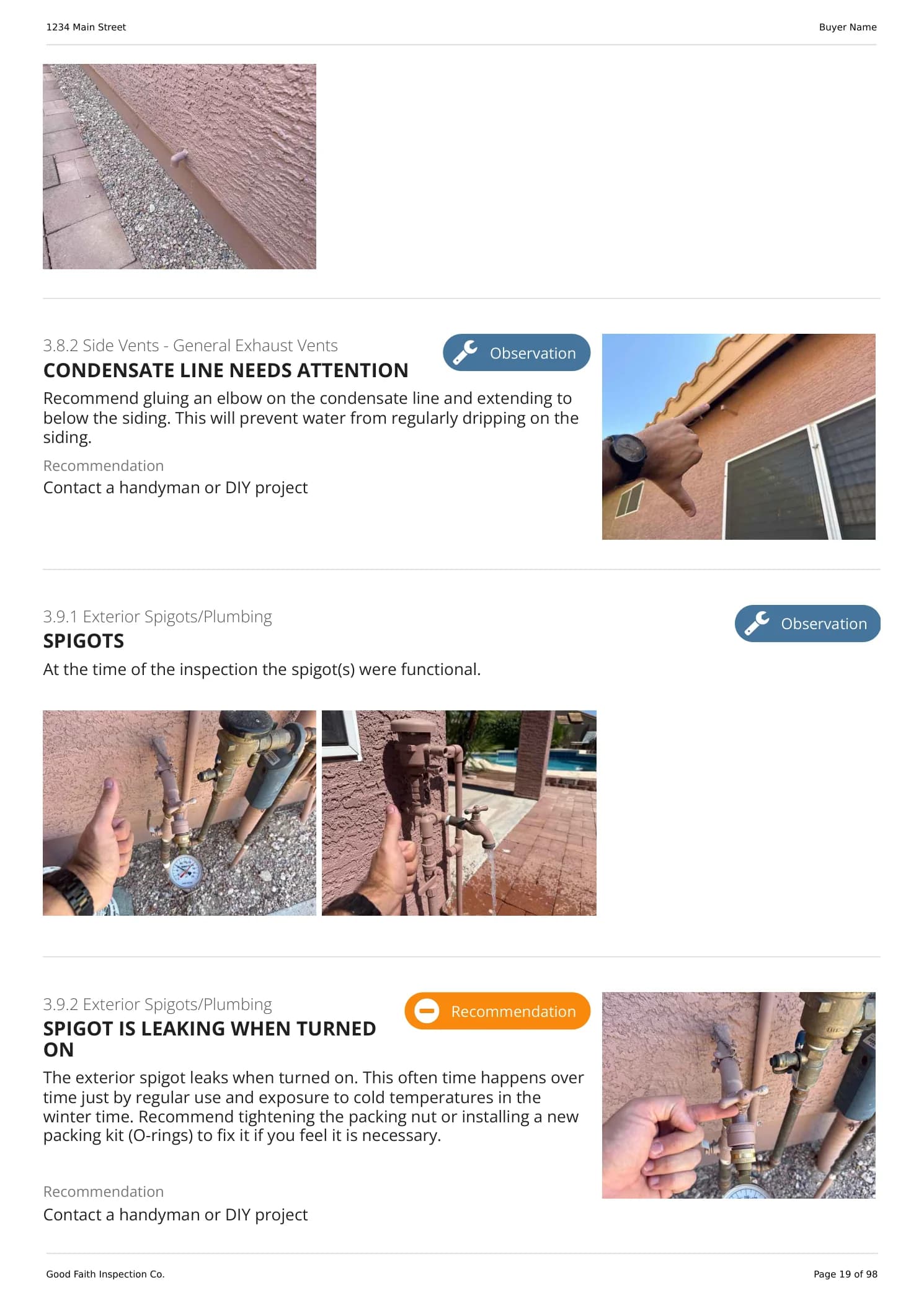 Exterior findings page from the Good Faith sample report, including spigot findings