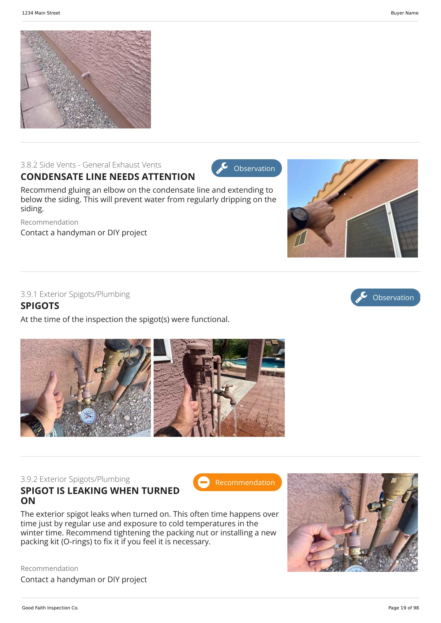 A findings page from the existing-home sample report, with photographs and each finding marked as an observation or a recommendation.