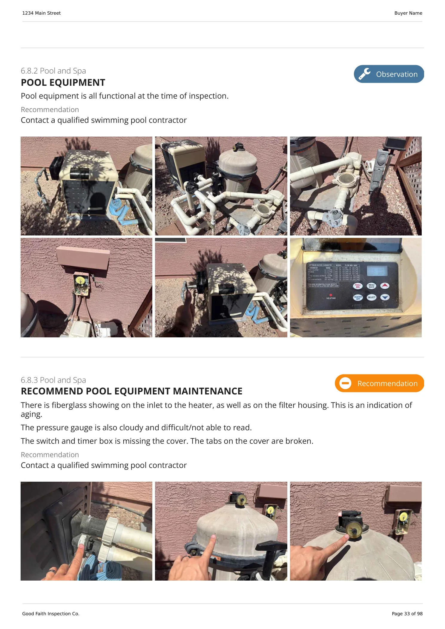 The pool and spa findings from the existing-home sample report, with photographs of the equipment.