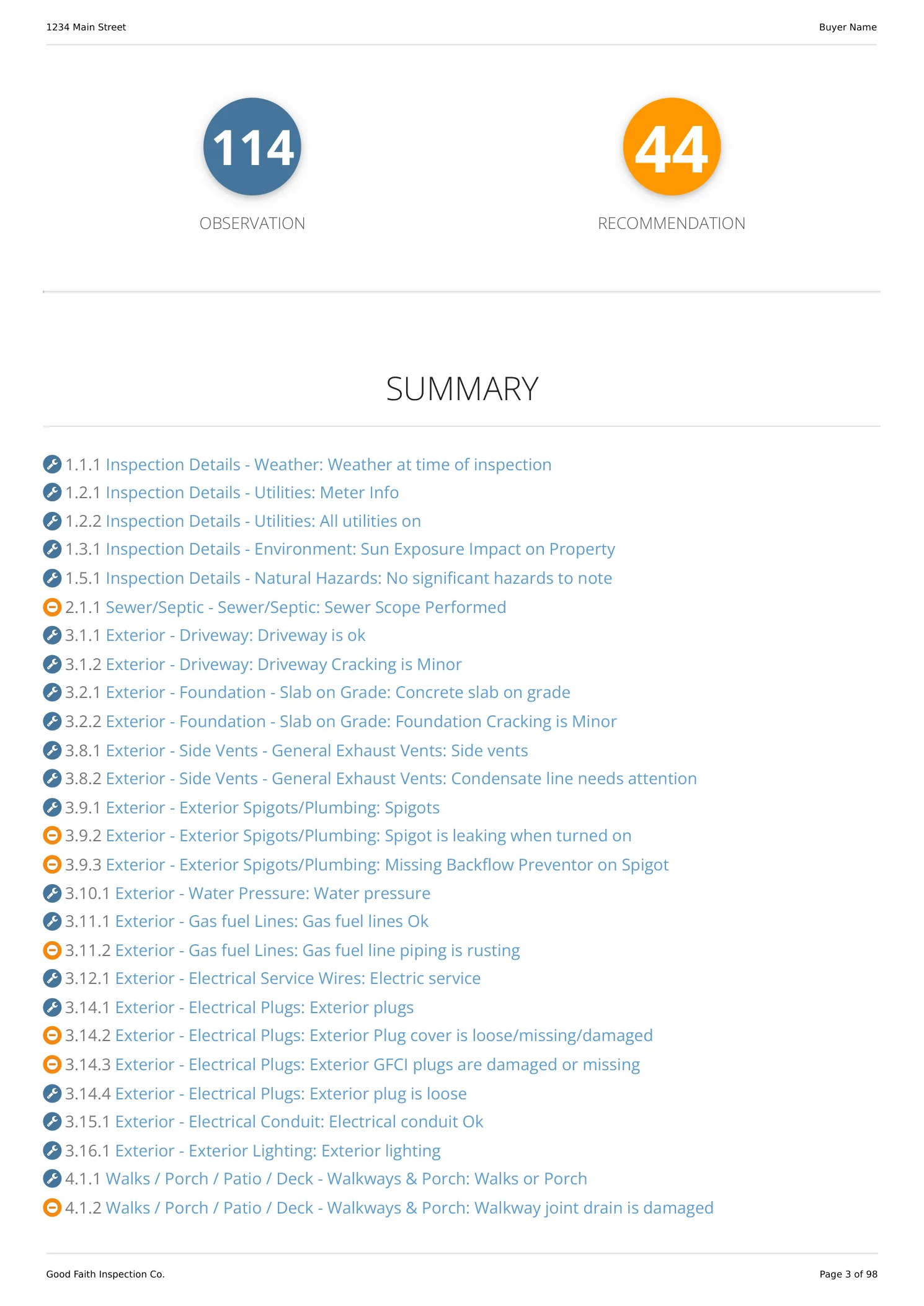 The summary page of the existing-home sample report: 114 observations and 44 recommendations, each finding listed and color-coded.